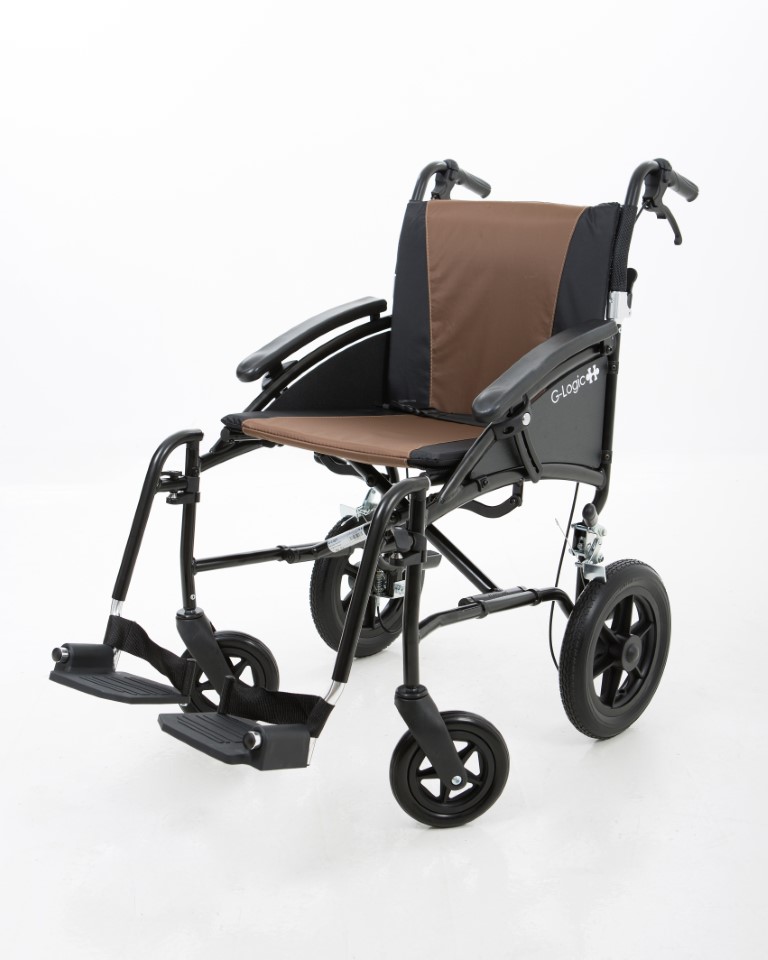 Excel G-Logic Lightweight Transit Wheelchair With 16'' Black Frame and Brown Upholstery